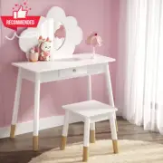 Kids Vanity Dressing Table Stool Set with Mirror Drawer, 2 in 1 Children Dresser