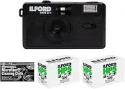Bundle of Ilford Sprite 35-II Reusable/Reloadable 35mm Analog Film Camera (Black) with Two Rolls of HP5 Film and Cloth