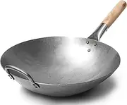 Traditional Hand Hammered Carbon Steel Pow Wok with Wooden and Steel Helper Handle (14 inch Round Bottom)/731W88 by Craft Wok