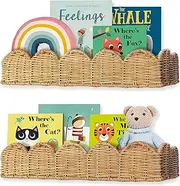 Nursery Book Shelves Set of 2 - Artisan Crafted Rattan Wall Shelf 15.8'' W, Cute Scalloped Book Shelf, Book Shelf for Kids Rooms, Boho Shelf, Kids Bookshelf Wall Mounted, Hanging Bookshelves for Wall