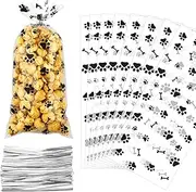 Paw Print Dog Treat Bags, 100 Pcs Dog Print Black Cellophane Treat Bags, Dog Paw Print Gift Bag, Heat Sealable Candy Cookie Goodie Bag with 100 Silver Twist Ties for Pet Birthday Party Favor Supplies