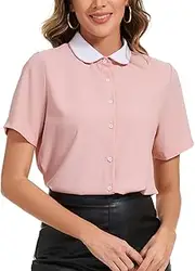 [YOUNIFIZ] Women's Peter Pan Collar Shirt Crochet Trim 2025 Vintage Work Short Sleeve Button Blouse, Dirty Pink, M