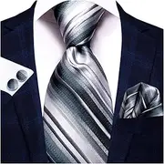 [VSOLS] Men's Blue Black Striped Tie 3.4" Tie Pocket Square Cufflinks Wedding Party Silk Tie Set (Color : SN-3361, Size : 59.06 * 3.35in)