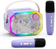 KaeKid Mini Karaoke Machine for Girl Boy, Portable Bluetooth Speaker with 2 Wireless Microphones, Birthday Gifts Toys for Kids Ages 3 4 5 6 7 8 9 Years Old (Unicorn)