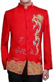 [Aoleaky] Dragon/Phoenix Embroidery Men Red Wedding Tunic Suit Jacket Traditional Chinese Style Stand Collar Coat
