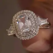 3 CT Emerald Cut Moissanite 3 Stone Halo Engagement Ring For Her 14K White Gold