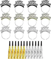 Tawecrew 24 Pieces New Years Eve Party Supplies 2023, 12 Pieces Happy New Year Headband Tiara,12 Pieces Metallic Fringed Noise Makers Gold Sliver,New Years Party Favors for Kids Adults