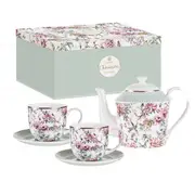 Elegant Chinoiserie White Teapot and 2 Cups and Saucers Set