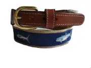 Mens Leather Canvas Woven Ribbon Dolphin Mahi Sailfish Marlin Belt Size 44