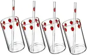 Cabilock 4Sets Strawberry Print Milk Cups with Straw Clear Drink Bottles for Juice Beverage and Milk Tea Stylish for Cold Drinks
