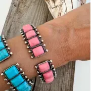 Western Rectangle Stone Hinge Bangle Bracelet Peachy Coral
