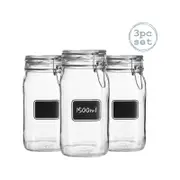 Bormioli Rocco 3pc Lavagna Glass Storage Jar Set with Chalkboard Labels - Food Pasta Jam Preserving Jars - 1.5L