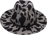 [CATIEBYE] Stylish Woolen Hat Cow Pattern Big Brim Fashion Flat-Edge Ladies Cap Comfortable Adjustable for Lasting Wear Grey