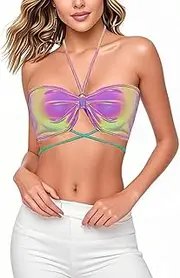 [Liliam] Women's Shiny Metallic Crop Tube Top Rave Club Cami Bandeau Bra