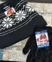 NWT Women Black Toboggan Winter Hat Cap Ski Snowflakes W/fuzzy Black Gloves