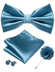 Solid Color Bow Tie and Pocket Square with Lapel Pin Cufflinks Set Dusty Blue