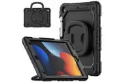 WASSUP iPad 9th/8th/7th Gen 10.2 inch Rotatable Handle Ring Folding Stand Case with Screen Protector-Black&Black