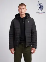 U.S. Polo Assn Black Mens Lightweight Quilt Hooded Puffer Jacket (AD5189) | $231