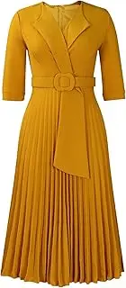 [SOMTHRON] Women's Elegant 3/4 Sleeve Blazer Dress V Neck Lapel Pleated Business Work Swing Midi Dress with Belt