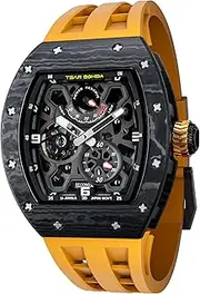 TSAR BOMBA Luxury Men's Automatic Watch Mechanical Japanese Movement Sapphire Crystal 50M Waterproof Carbon Fiber Tonneau Unique Business Gifts for Men Luminous Wristwatch Analogue Black Fashion,