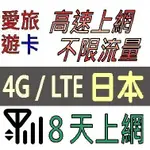 【日本8天】4G 不限流量 吃到飽 不降速 日本 上網卡 日本 網卡 愛旅遊上網卡 8日