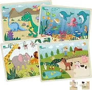 [TUNJILOOL] 24Pcs Wooden Puzzles for Kids Ages 3-5, Jigsaw Puzzles for Toddlers, 4 Pack Puzzle Set Educational Brain Teaser Boards Toys Fine Motor Skills Gifts for 3 4 5 6 Year Old Boys Girls