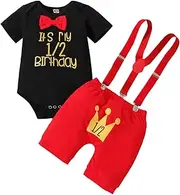 Highnesson-ww Baby Boy Funny 1/2st Birthday Clothes Infant Clothes Bow Tie Themed Romper Pants Set Suspenders