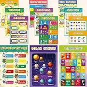 HT LIFE 12 Pack Educational Posters for Toddlers and Kids – Preschool & Kindergarten Learning Charts for Classroom or Home – Alphabet, Numbers, Days of the Week, Shapes, Weather, Solar System, Colors