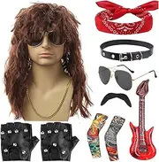 80s Rocker Costume Outfit Men | Halloween 80s Rocker Costume Set | Costume Accessories for Men, Includes Wig Headband Collar Sunglasses Gloves Sleeves Beard Guitar Props