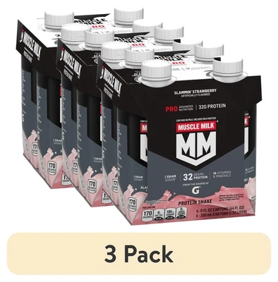 (3 pack) Muscle Milk Pro Protein Shake, Slammin' Strawberry, 11 fl oz, 4 Pack