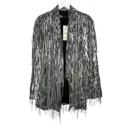 Zara Fringe Sequined Blazer Silver Size XS NEW