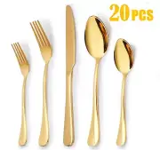 20 Piece Silverware Set Service for 4, Stainless Steel Flatware Set, Gold