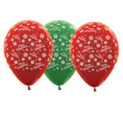 Merry Christmas Snowflakes Metallic Green & Red Latex Balloons 3 Pack