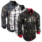 Mens Shirt Designer Plaid Print Bronze Leaf Foil Overlay Stretch Slim Fit Button