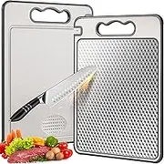 LOZOVIN Double Sided 304 Stainless Steel & Wheat Straw Cutting Board, 14.4"*9.8" Non Toxic Chopping Board, Separately Handle Meat and Vegetables, Dishwasher Safe, Scratch Resistant Mesh Design