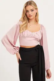 Pink Puff Sleeve Top Long Sleeve Crop Satin - Size 6, Women's Top