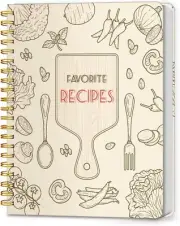 Blank Recipe Notebook, Spiral Hardcover, Organizes 140 Recipes, Wood Color