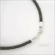 12" Sterling Silver 3mm Round Green Braided Genuine Leather Cord Necklace
