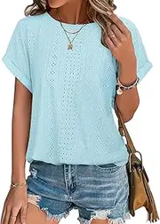 [Bodhi talk] Blouse Women's Summer Elegant Broderie Top Short Sleeve Top Clothing Casual T-Shirt Casual Summer Blouses, lightblue, M