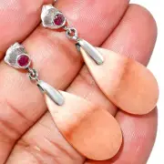 Natural Pink Aventurine & Ruby 925 Sterling Silver Earrings Jewelry E-1120