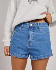 [Afends] Afends Women's Studio High Waist Denim Shorts in Worn Blue Size 28 28 Worn Blue