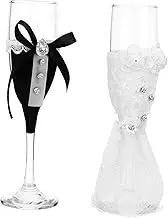 ZUNOXAZ Wedding Set: Mr Mrs Toasting Flutes Set of 2 Decorative Wine Glasses Bottle Covers for Bride Groom