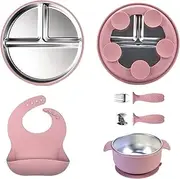 Stainless Steel Baby Plate and Bowl | Toddler Utensils Baby Feeding Set with Spoon Fork Bib | Microwave-Safe Led Weaning Supplies Tableware for High Chair Travel Outdoor Indoor Table