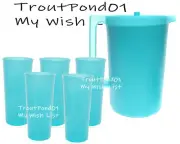 Tupperware Pitcher Gallon + 16 oz Set 5 Tumblers Push Button Seal Caribbean Blue