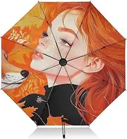 [PDZRMY] UV Protection Travel Umbrella Fox Woman Leaf Compact for Rain and Sun - Auto Open and Close UPF 50+ Windproof Portable 46” Sun Umbrella for Women and Men