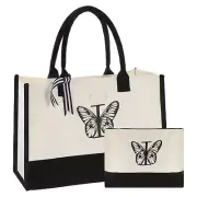 Initial I Canvas Tote Bag with Makeup Bag, Reusable Beach Tote Bag