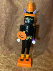 Halloween WITCH Black CAT NUTCRACKER~12" Wooden Decoration~New*Orange Hat