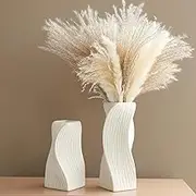 White Ceramic Vase Set of 2 for Modern Home Decor, Geometric Ribbed Fluted Textured Vases Pampas Grass Neutral Nordic Boho Minimalist Flower Vase for Living Room Bedroom Wedding Dining Table Office