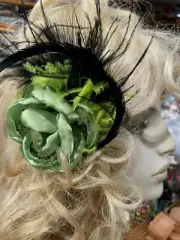 new millinery flower 3.5" silk netting feathers 1pc mint green black clip