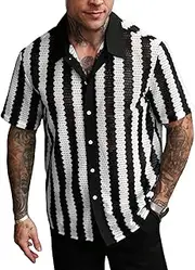 [COOLOYA] Men's Striped See Through Sheer Top Shirts Retro Collared Button Down Short Sleeve Party T Shirt